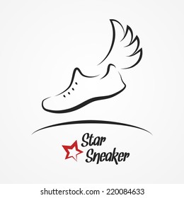 Hand drawn sketchy logo with stylized shoe, wing and star