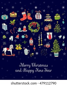 Hand drawn sketchy Merry Christmas card. Doodle vector illustration elements. Candles, gift boxes, christmas tree, wreath, stocking, candy, canes, cookie, bells, holly decoration, rocking horse.