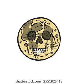 Hand drawn sketchy moon with skull face isolated on white background. Doodle skeleton head tattoo design