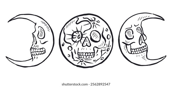 Hand drawn sketchy moons line art with skull faces set isolated on black background. Doodle skeleton head tattoo design