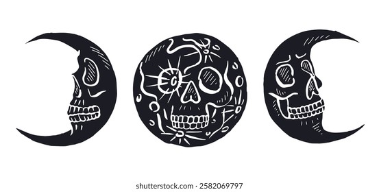 Hand drawn sketchy moons silhouettes with skull faces set isolated on black background. Doodle skeleton head tattoo design