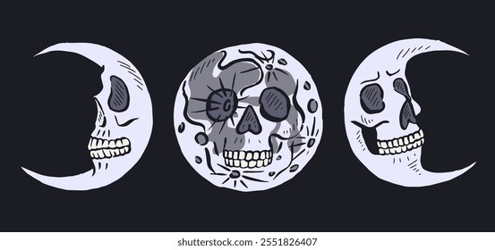 Hand drawn sketchy moons with skull faces set isolated on black background. Doodle skeleton head tattoo design