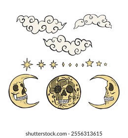 Hand drawn sketchy moons with skull faces set isolated on black background. Doodle skeleton heads and stars bundle