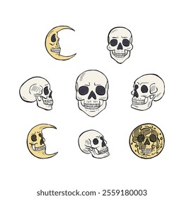 Hand drawn sketchy moons with skull faces set isolated on black background. Doodle skeleton heads tattoo design bundle