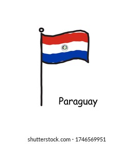 hand drawn sketchy Paraguay flag on the flag pole. three color flag . Stock Vector illustration isolated on white background.