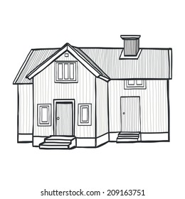 Hand drawn sketchy scandinavian house. Freehand sketch of a small countryside home, isolated on white background.