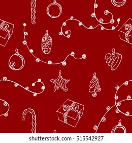 Hand drawn sketchy seamless pattern. Christmas elements Doodle. Can be used for for postcard, t-shirt, fabric bag or poster, textile, paper, wrapping. Vector illustration. 