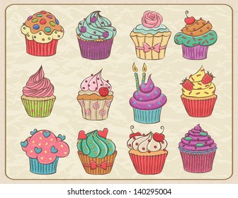 Hand drawn sketchy set of cupcakes on a wrinkled paper.