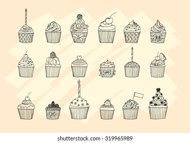 Hand drawn sketchy set of cupcakes on a white background. Vector illustration for your design.
