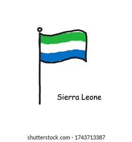 hand drawn sketchy Sierra Leone flag on the flag pole. three color flag . Stock Vector illustration isolated on white background.