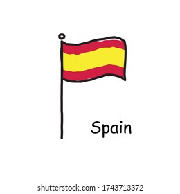 Hand Drawn Sketchy Spain Flag On The Flag Pole. Stock Vector Illustration Isolated On White Background.