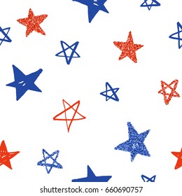 Hand drawn sketchy stars. Red and blue. Glitter effect. Vector seamless pattern