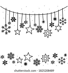 hand drawn sketchy style snowflake garland and horizontal border monochrome snow winter holiday decorative elements isolated on white background