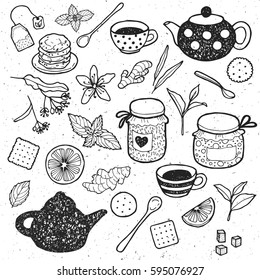 Hand drawn sketchy tea theme related elements. Tea break design background with teapot, jam, sweets, lemon, green mint. Doodle cafe decoration. Stylish texture
