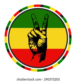 Hand Drawn Sketchy Hand with Two Fingers Up on Rasta Colors Background. Victory and Peace Gesture Symbol. Vector Round Emblem.