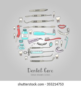 Hand drawn sketchy vector dental care icons Health symbols Medical, doctor and dentist office symbols Oral care Dentist office Tooth health Dentist instruments doodle icons Sketch Brilliant smile