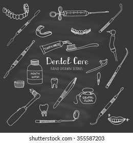 Hand drawn sketchy vector dental care icons Health symbols Medical, doctor and dentist office symbols Oral care Dentist office Tooth health Dentist instruments doodle icons Sketch Brilliant smile