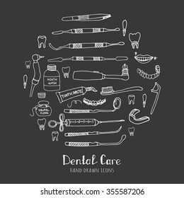 Hand drawn sketchy vector dental care icons Health symbols Medical, doctor and dentist office symbols Oral care Dentist office Tooth health Dentist instruments doodle icons Sketch Brilliant smile