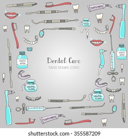 Hand drawn sketchy vector dental care icons Health symbols Medical, doctor and dentist office symbols Oral care Dentist office Tooth health Dentist instruments doodle icons Sketch Brilliant smile