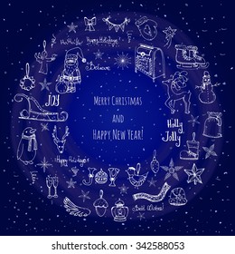Hand drawn sketchy wreath with christmas elements Doodle vector illustration Santa Claus, Snowmen, snowflakes Christmas tree ice skating, deer, angel, penguin, Holly Jolly, decoration, Merry Christmas