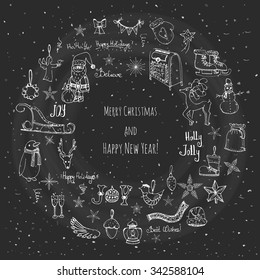 Hand drawn sketchy wreath with christmas elements Doodle vector illustration Santa Claus, Snowmen, snowflakes Christmas tree ice skating, deer, angel, penguin, Holly Jolly, decoration, Merry Christmas