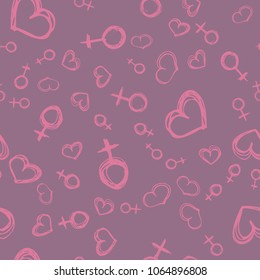 Hand drawn sketchyseamless pattern with venus mirrors and hearts. Nice Vector graphic illustration EPS 8