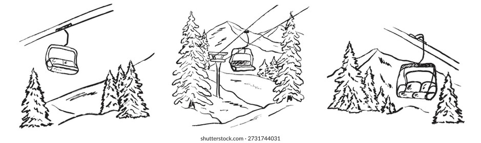 Hand drawn ski lift scenes in snowy pine forest with mountain slopes and cable towers. Vector sketch illustration in vintage crayon charcoal style. Winter sport landscapes