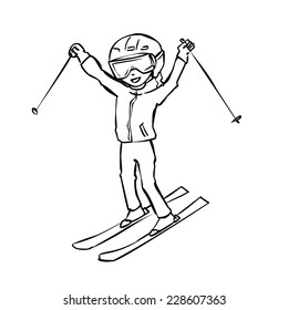 Hand drawn skier on mountain side. Happy teen age girl.