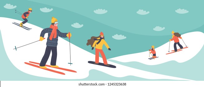 Hand drawn skiers skiing in the mountains. Winter vacations vector illustration.