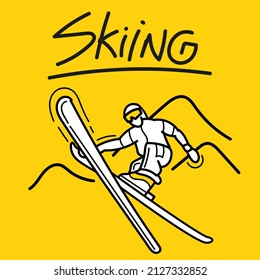 Hand Drawn Skiing Player Athlete Design Vector. Extreme Action Jump Skier. Winter Sport Banner Poster Template.