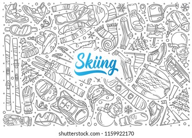 Hand drawn skiing set doodle vector background