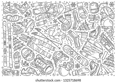 Hand drawn skiing set doodle vector illustration background