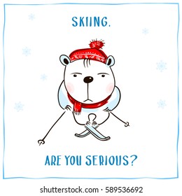 Hand drawn skiing white bear. Hand drawn lettering. Vector illustration.