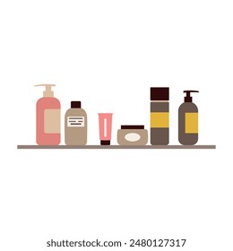 Hand drawn skin care and body care products. Beauty routine and ritual. Tubes and bottles of different shapes and forms in flat style. Cosmetic illustration