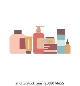 Hand drawn skin care and body care products. Every day beauty routine and rituals. Vector tubes and bottles of different shapes and forms in flat simple style. Cosmetic illustration