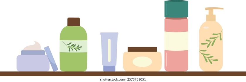 Hand drawn skin care and body care products. Beauty routine and ritual. Tubes and bottles of different shapes and forms in flat style. Cosmetic illustration in pastel colours