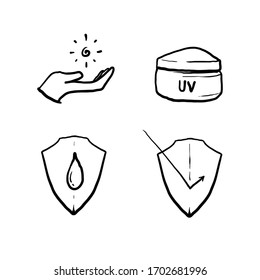hand drawn Skin care line icons isolated background. Vector set of sun lotion, medical cream elements, protection skin.doodle