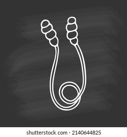 Hand drawn skipping rope on chalkboard. White outline on black background. Cute element in doodle style for card, social media banner, sticker, print, decoration kids playroom. Vector illustration.