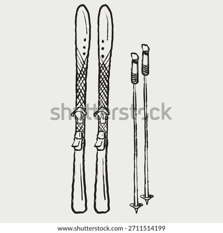 Hand drawn skis with bindings and ski poles, featuring crisscross design and vertical layout. Vector sketch illustration in vintage crayon charcoal style. Winter sports equipment, mountain vacation