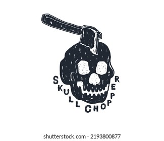 Handgezeichneter Schädel mit Axt grunge grob strukturiert. Skull chopper Vektorgrafik handgezeichnet Illustration für Logo-Konzept und andere.