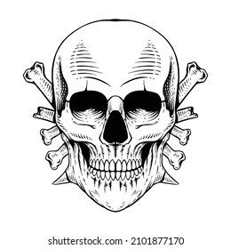 hand drawn skull with bone line art engraving style