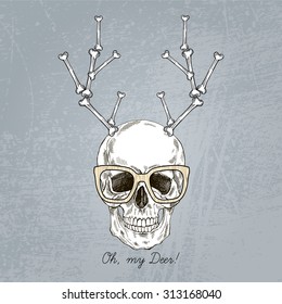 hand drawn skull with boned deer horns, t-shirt print