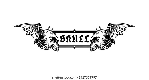 hand drawn skull border with wings vector illustration
