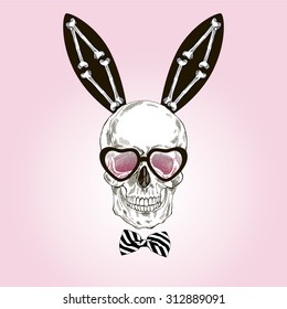 hand drawn skull with bunny ears, t-shirt print
