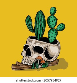 hand drawn skull with cactus