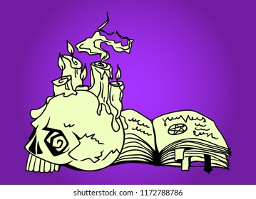 Hand drawn skull with candles and grimoire book, Halloween celebration greeting card design element symbol. Holiday vector illustration over purple.