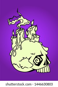 Hand drawn skull with candles, Halloween celebration greeting card design element symbol. Holiday vector illustration over purple.