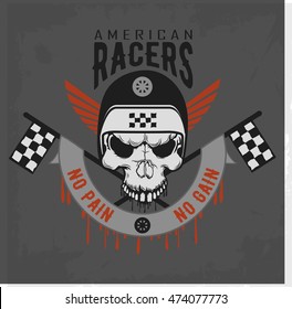 Hand drawn skull with a cap and wings, flags. Phrase 'No pain, no gain', vintage style