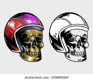 hand drawn skull with cool bright color helmet