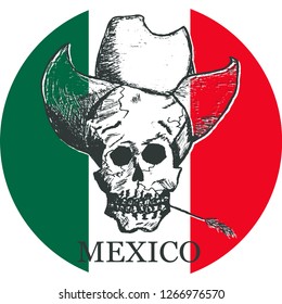 Hand drawn skull with cowboy hat on background of mexican flag vector illustration